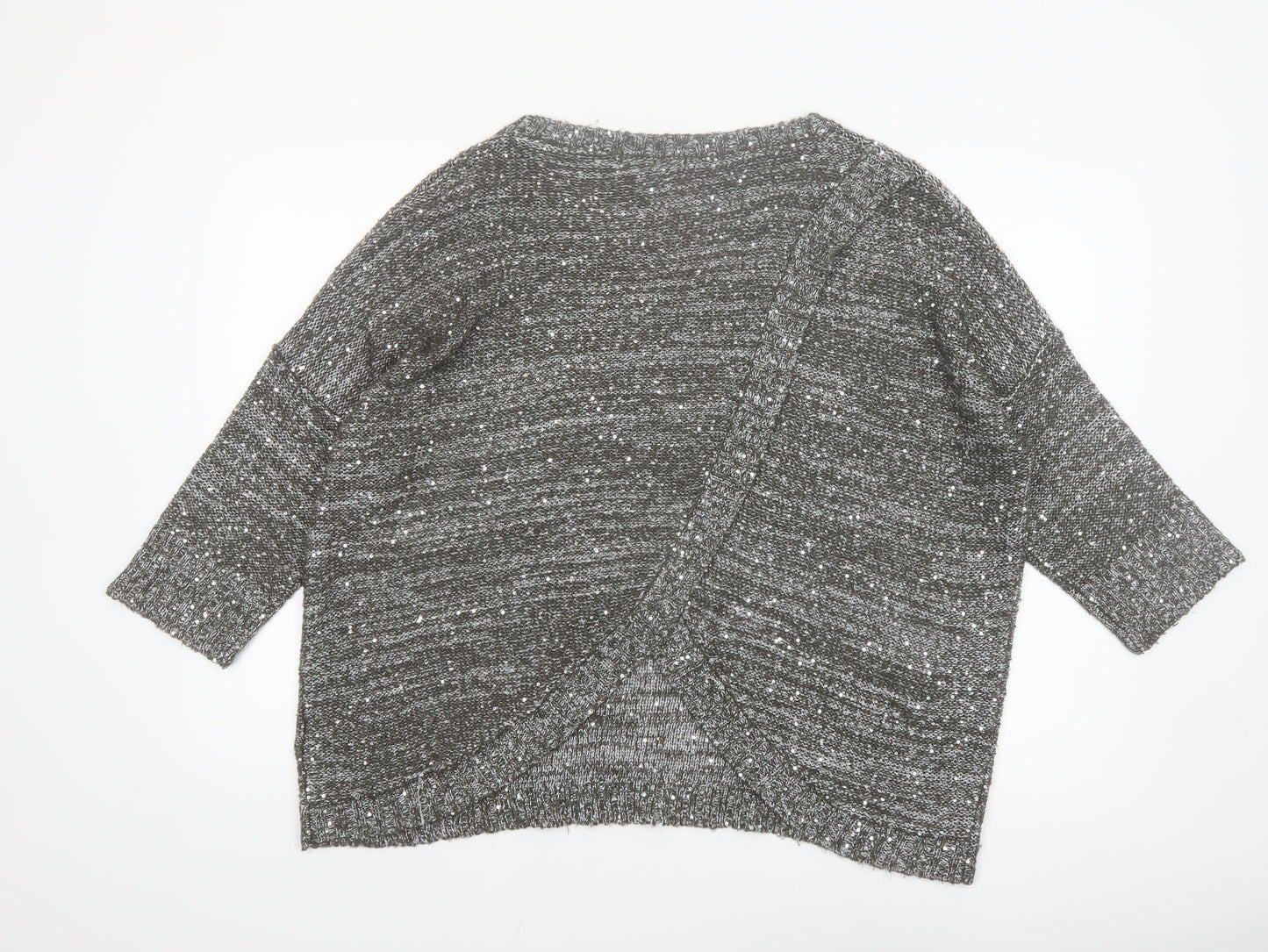 Next Women Grey Sequin Knit 3/4 Sleeve Crew Neck Pullover Jumper L