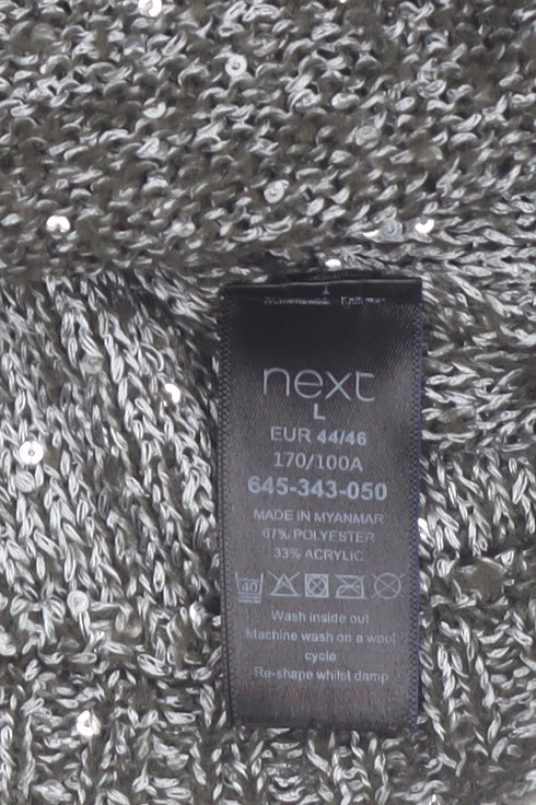 Next Women Grey Sequin Knit 3/4 Sleeve Crew Neck Pullover Jumper L
