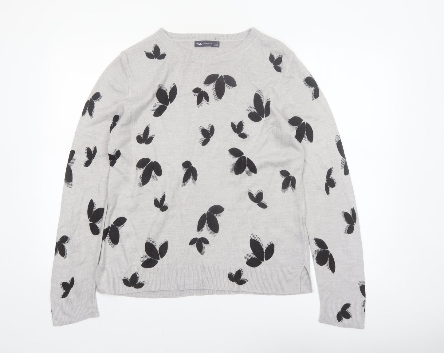 Marks and Spencer Womens Grey Floral Knit Jumper Size 14