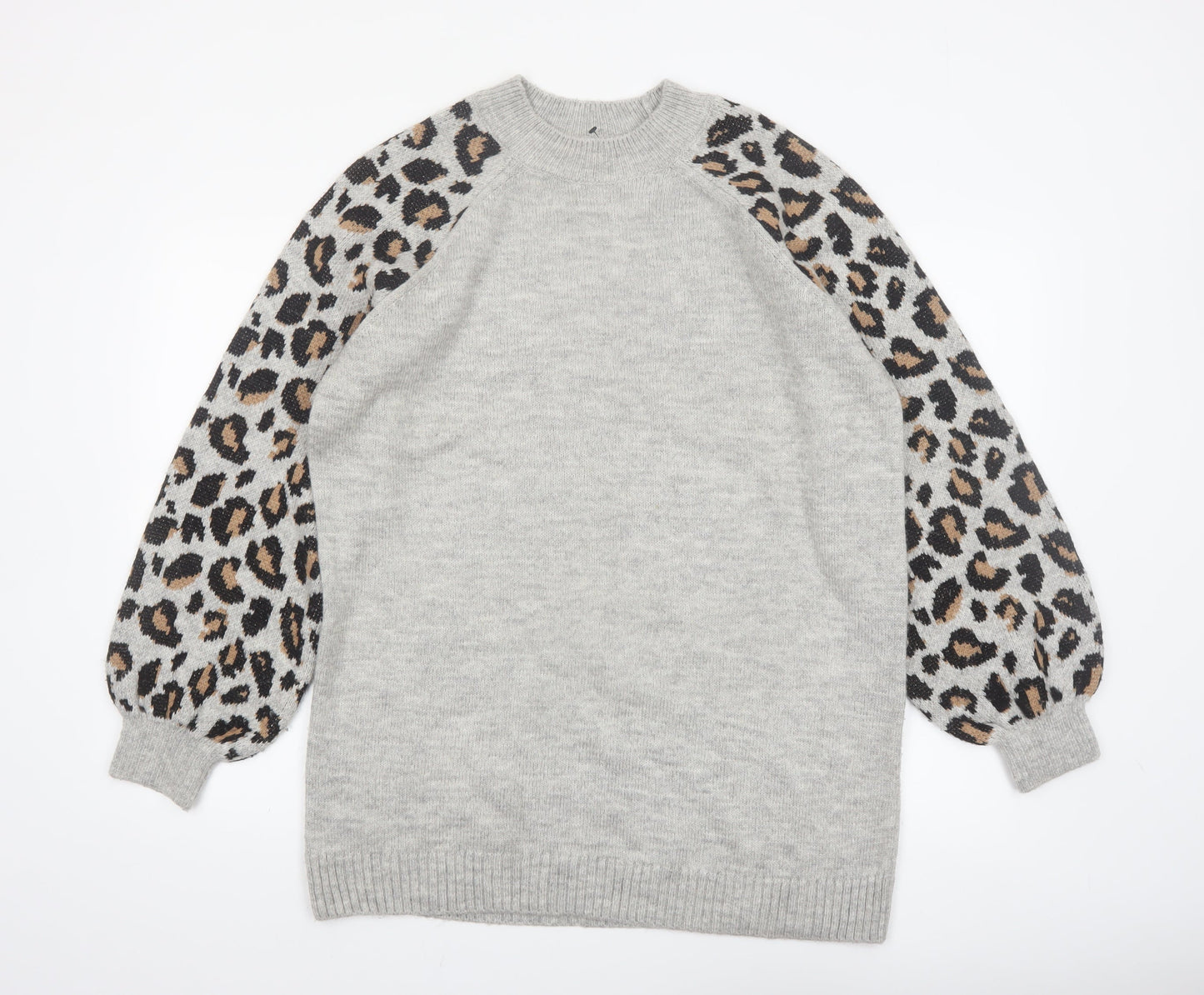 Tu Women Grey Leopard Balloon Sleeve Knit Jumper Size 16