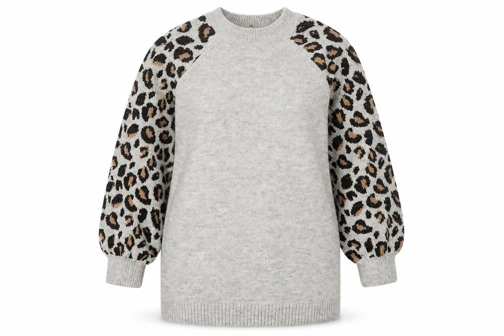 Tu Women Grey Leopard Balloon Sleeve Knit Jumper Size 16