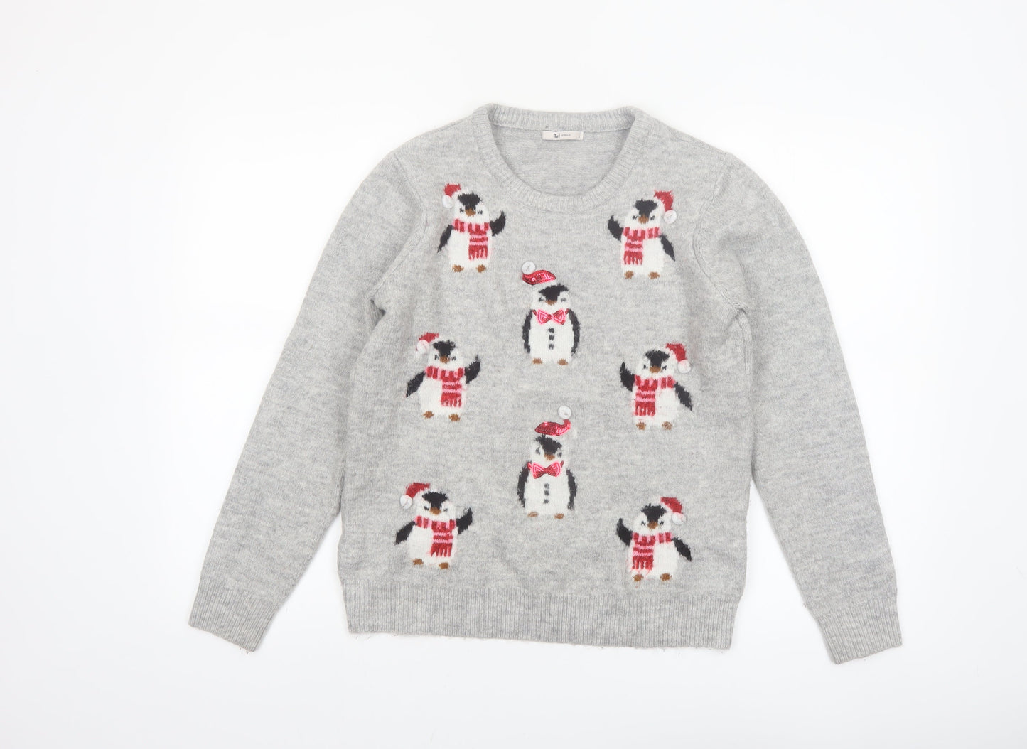 Tu Womens Grey Penguin Christmas Pullover Jumper Size 12