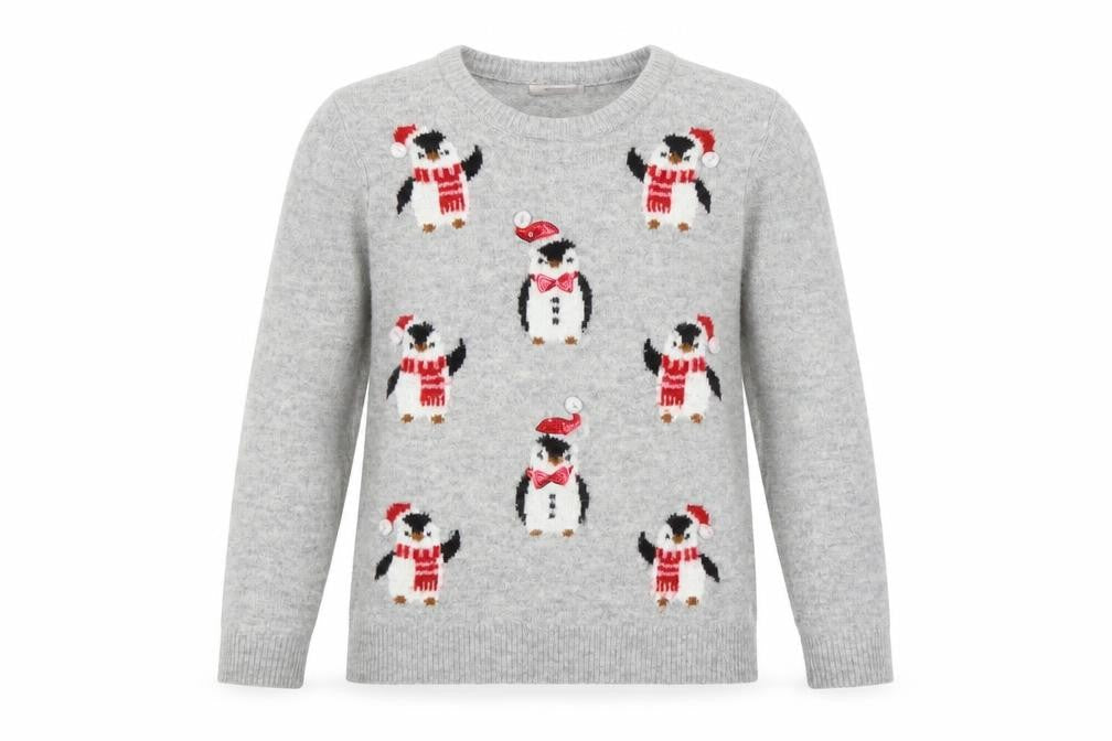 Tu Womens Grey Penguin Christmas Pullover Jumper Size 12