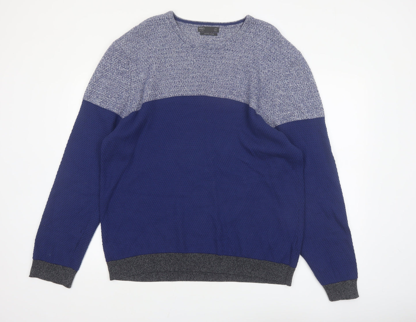 Marks and Spencer Men's Blue 2XL Cotton Blend Crew Neck Jumper