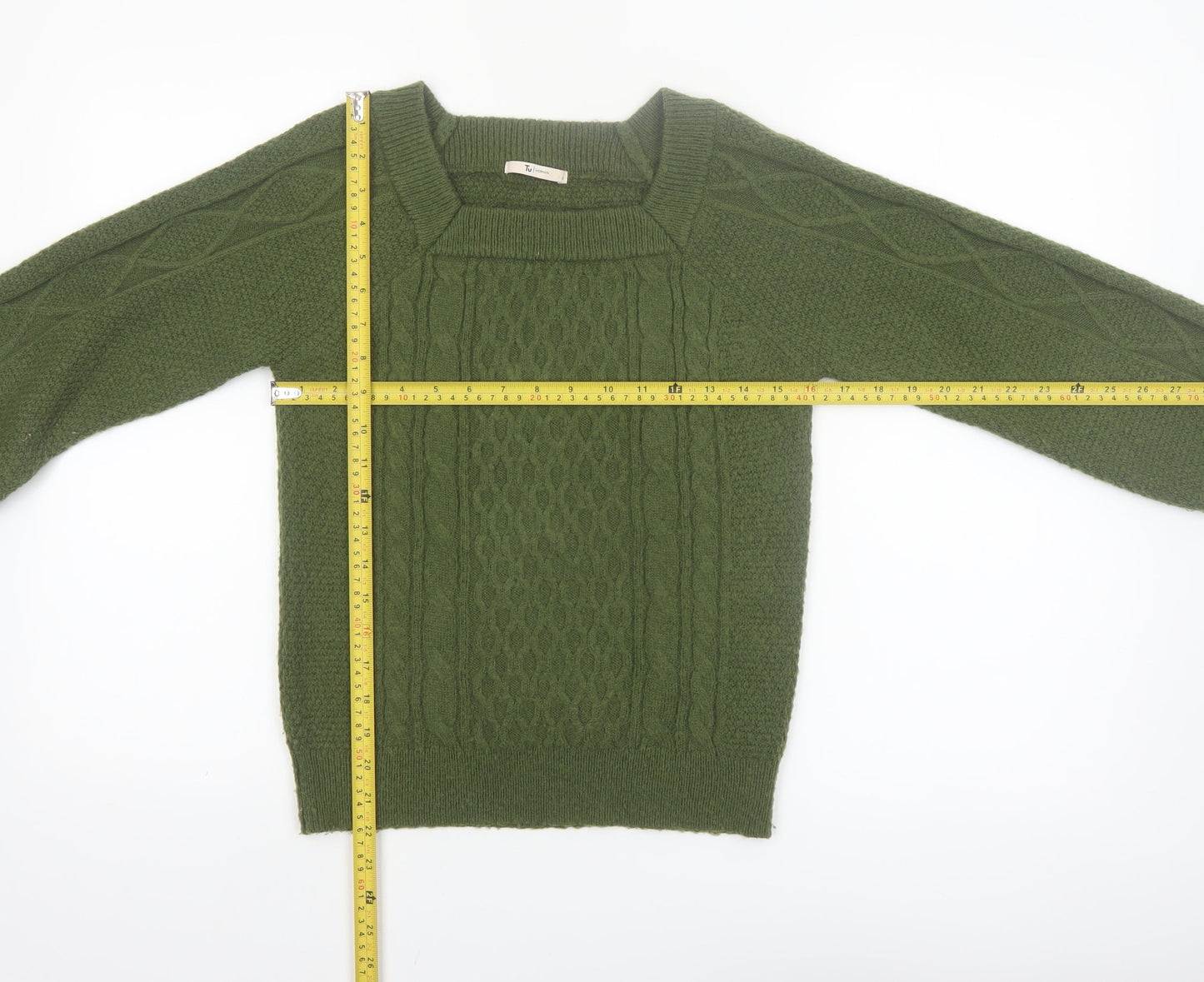 Tu Women Green Cable-Knit Pullover Jumper Size 8 Regular Fit