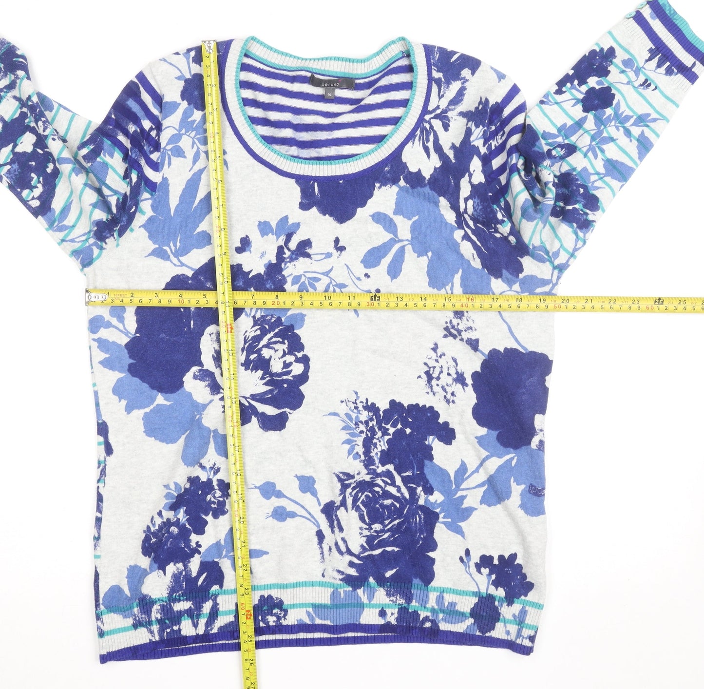 Marks and Spencer Per Una Women's Blue Floral Striped Jumper Size 16