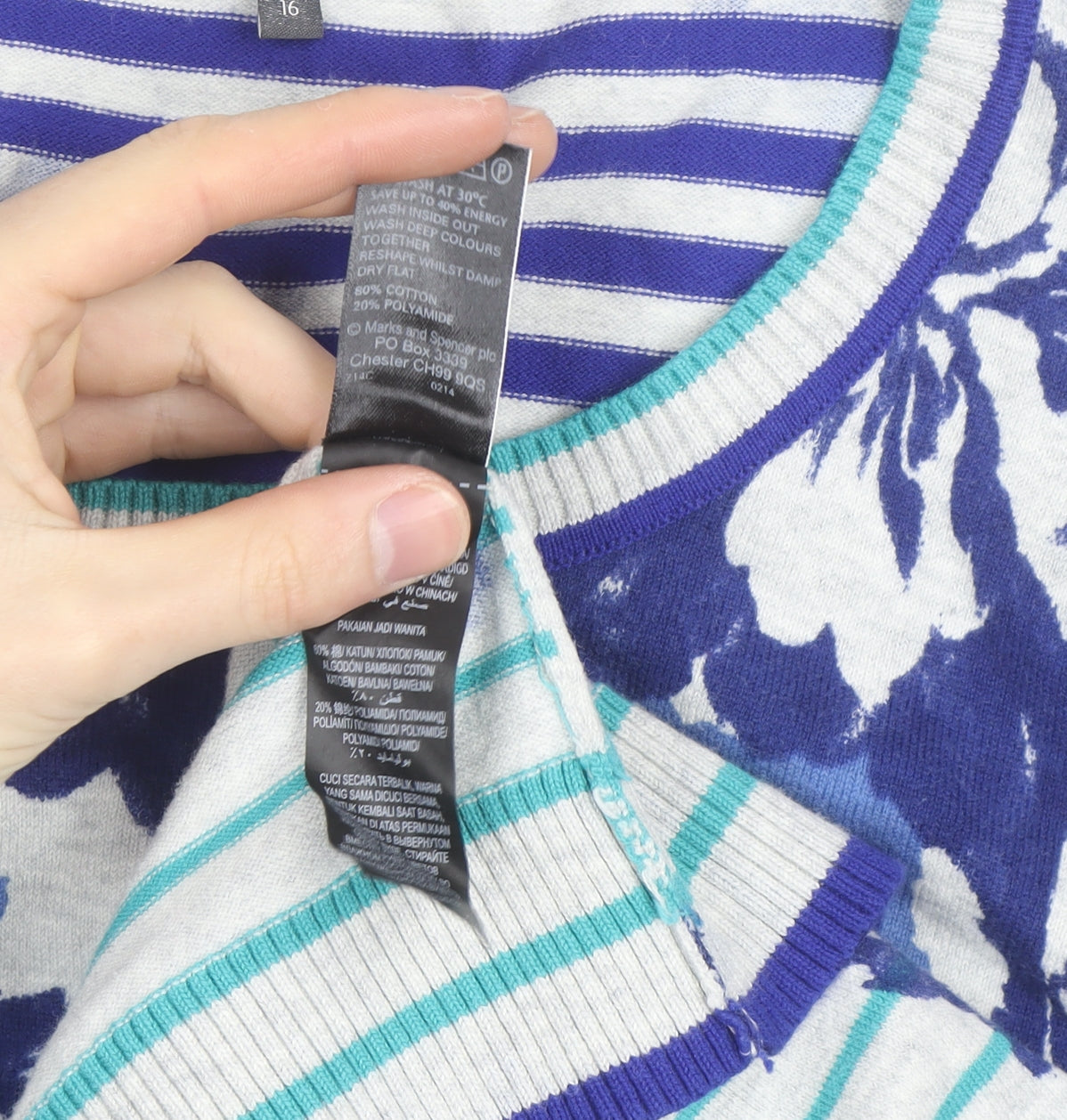 Marks and Spencer Per Una Women's Blue Floral Striped Jumper Size 16