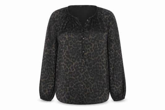 Front view of Dunnes Women’s Black Animal Print Tunic Blouse, size UK 10