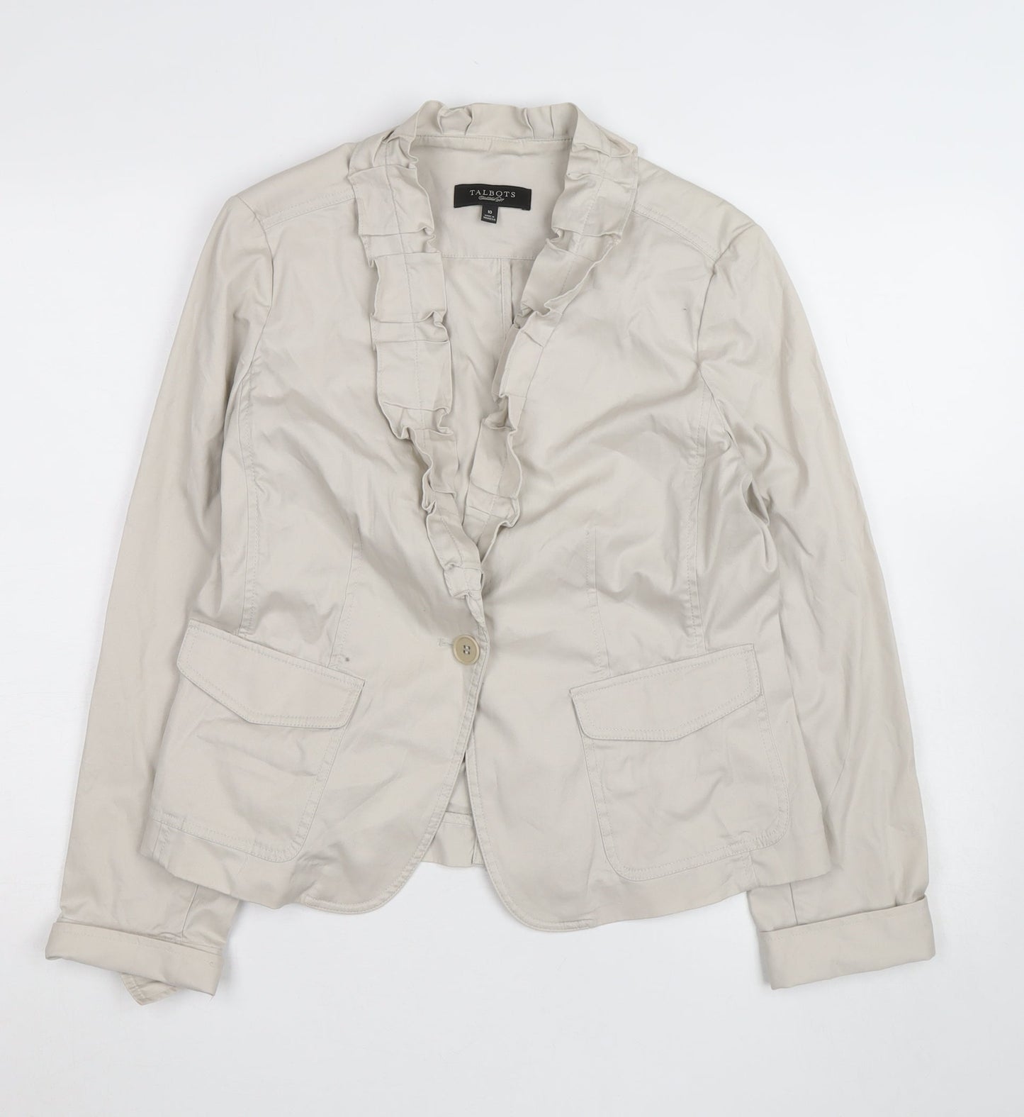 Talbots Women's Beige Ruffle Collar Blazer Size 10 Cotton Blend