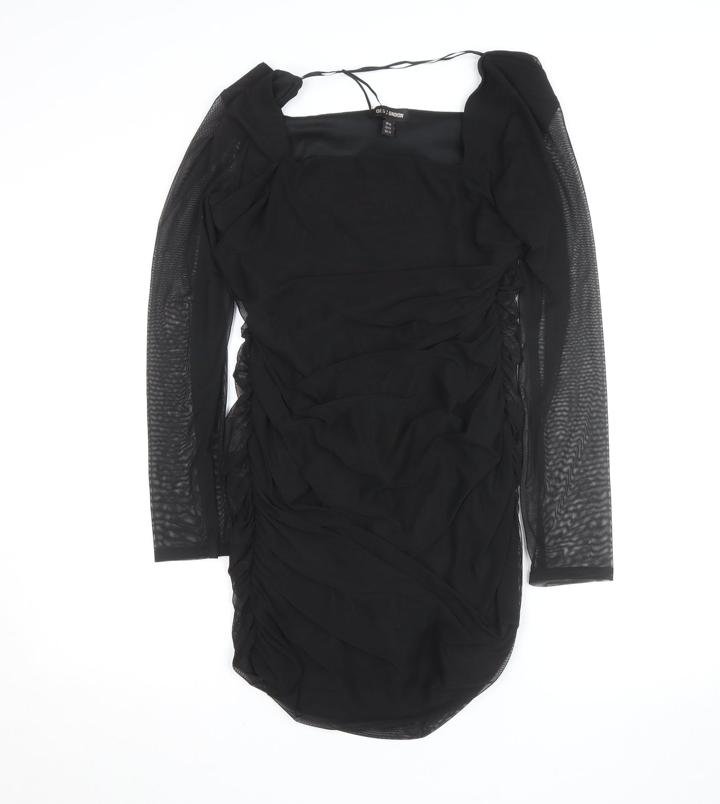 QED London Women's Black Size 16 Bodycon Ruched Mesh Long Sleeve Dress