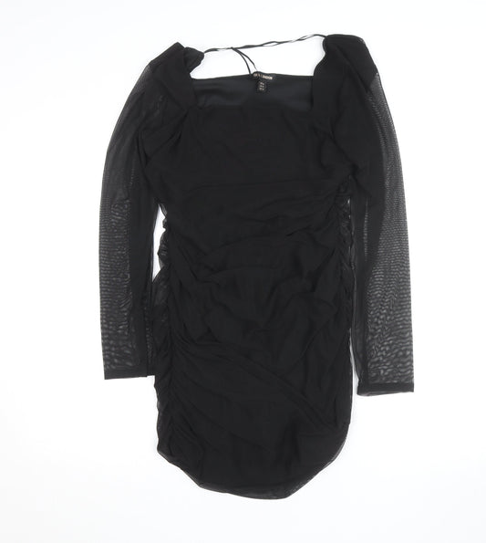 QED London Women's Black Size 16 Bodycon Ruched Mesh Long Sleeve Dress