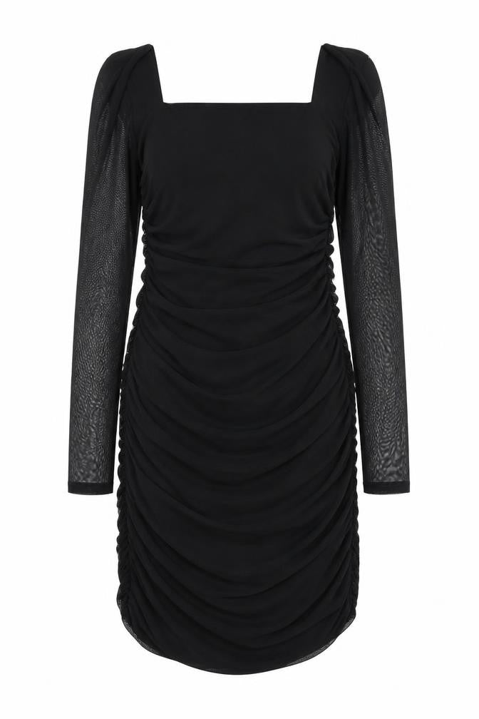 QED London Women's Black Size 16 Bodycon Ruched Mesh Long Sleeve Dress