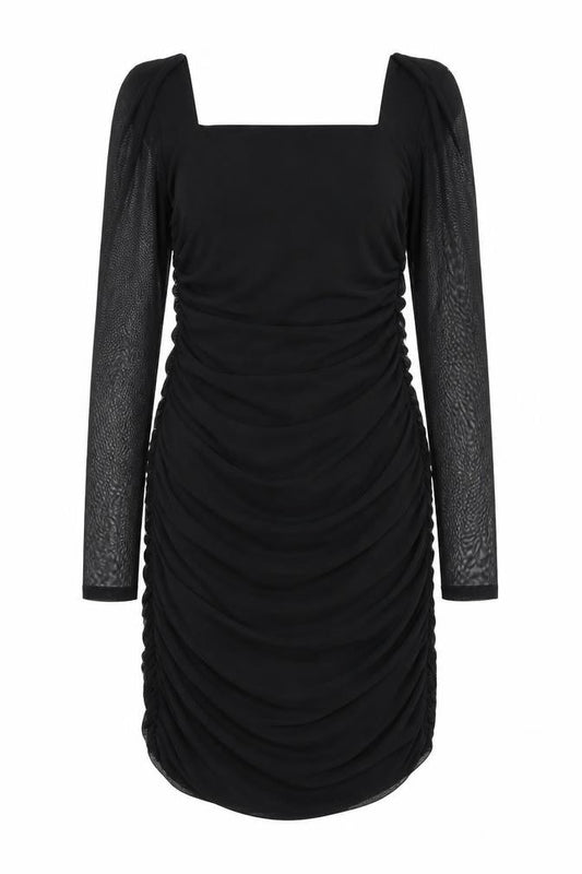 QED London Women's Black Size 16 Bodycon Ruched Mesh Long Sleeve Dress