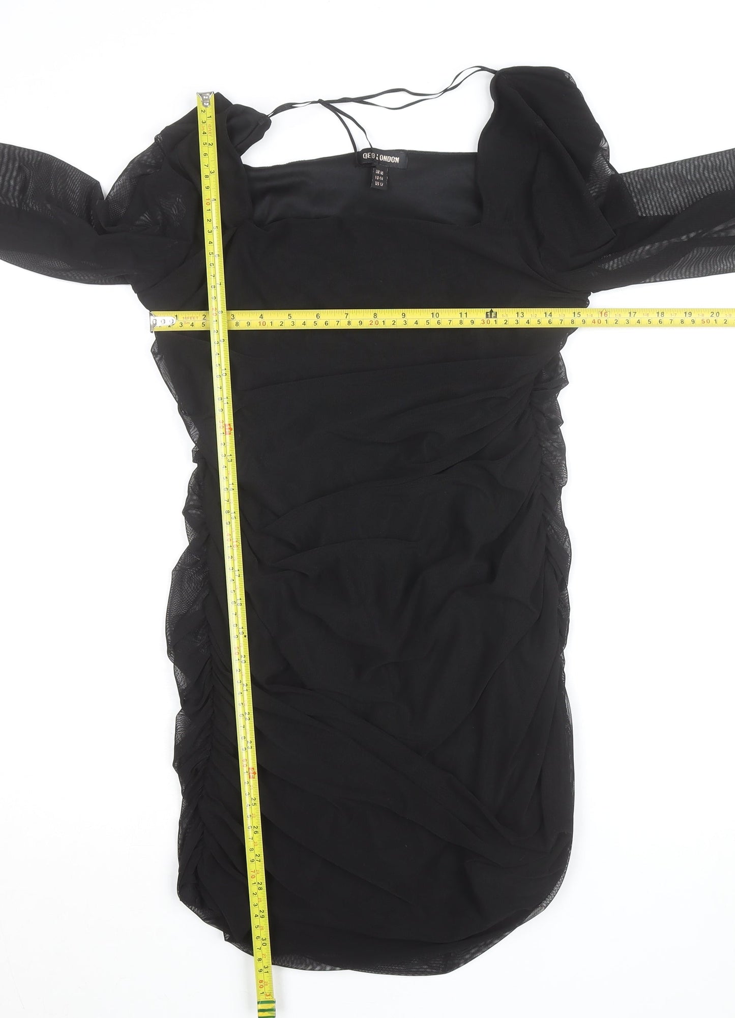 QED London Women's Black Size 16 Bodycon Ruched Mesh Long Sleeve Dress