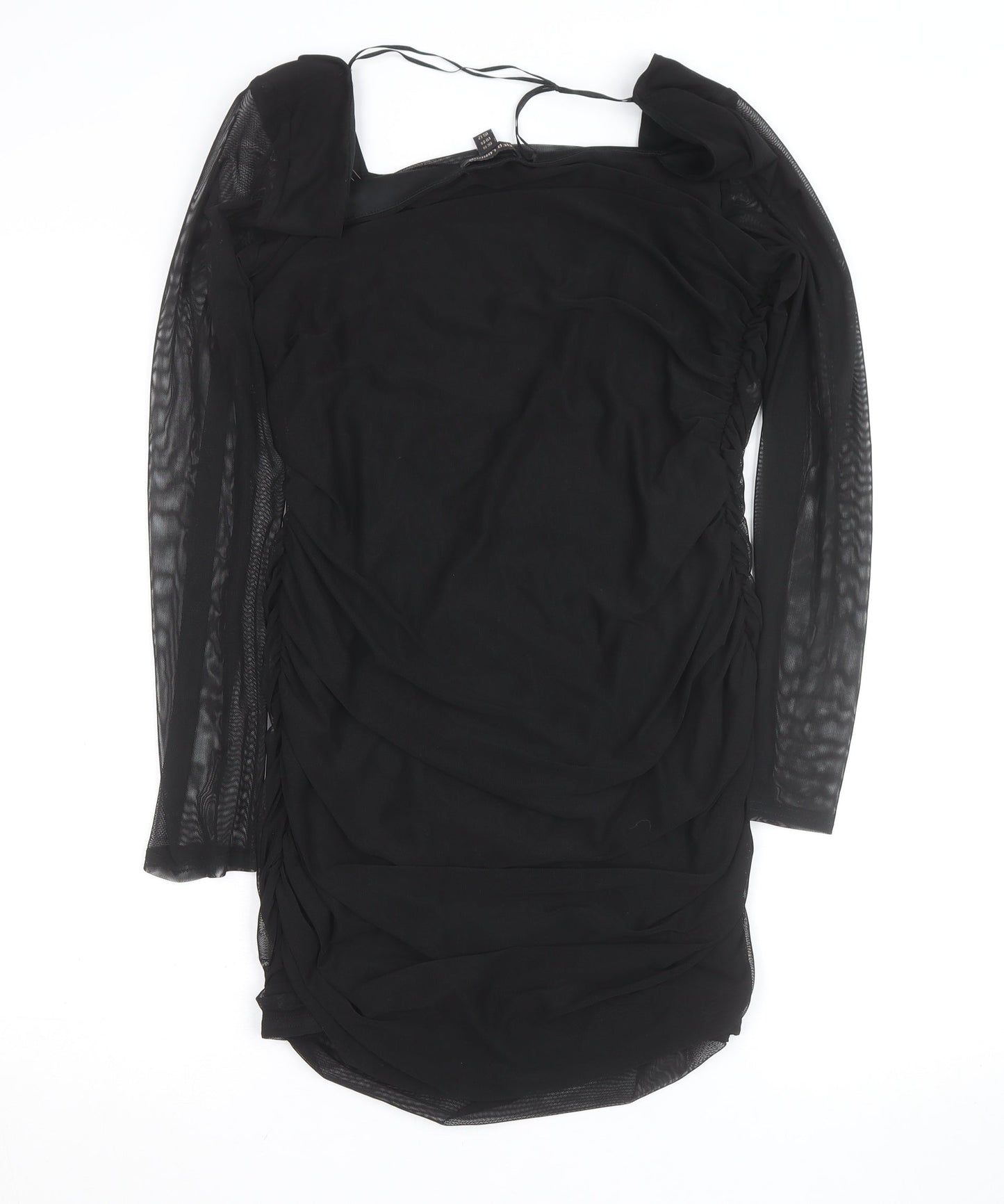 QED London Women's Black Size 16 Bodycon Ruched Mesh Long Sleeve Dress