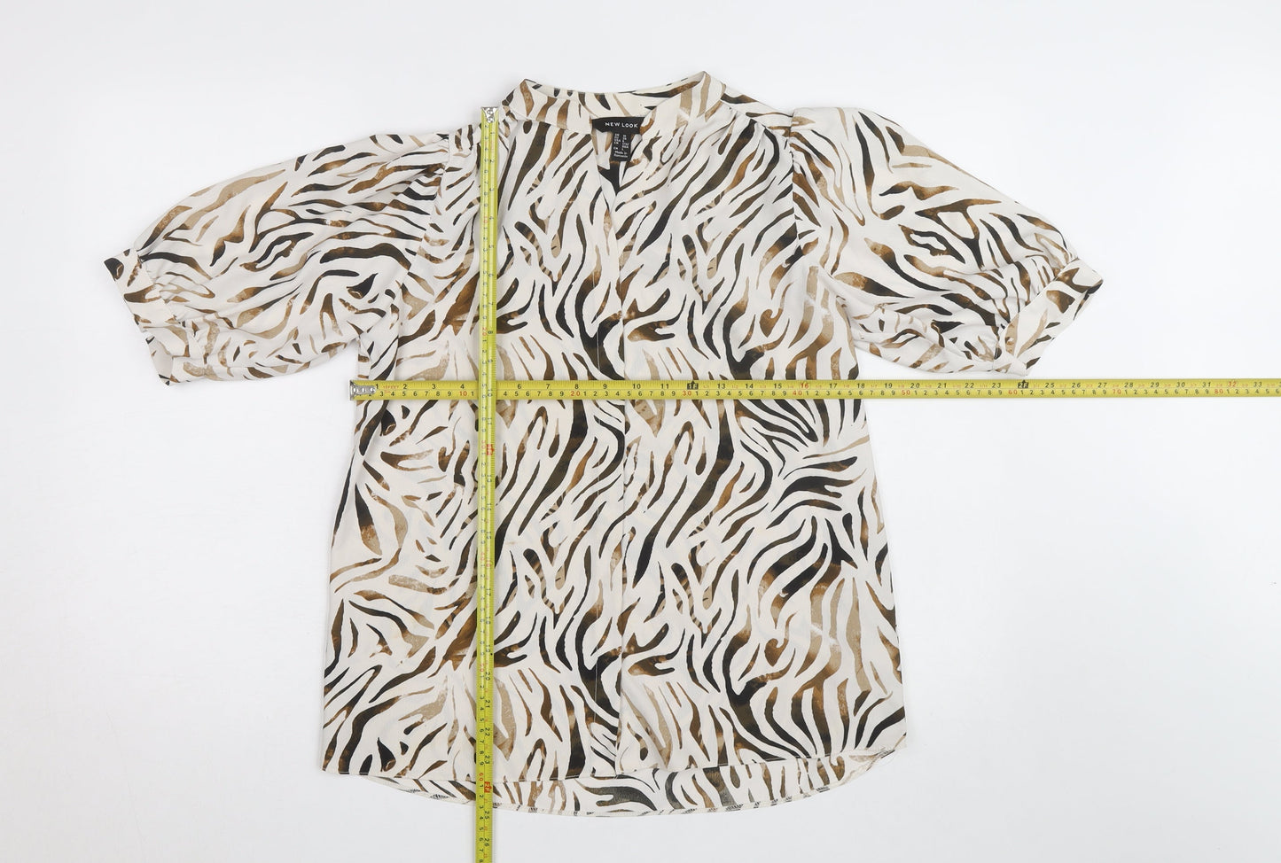 New Look Women Beige Animal Print Blouse Size 10 Short Sleeve V-Neck