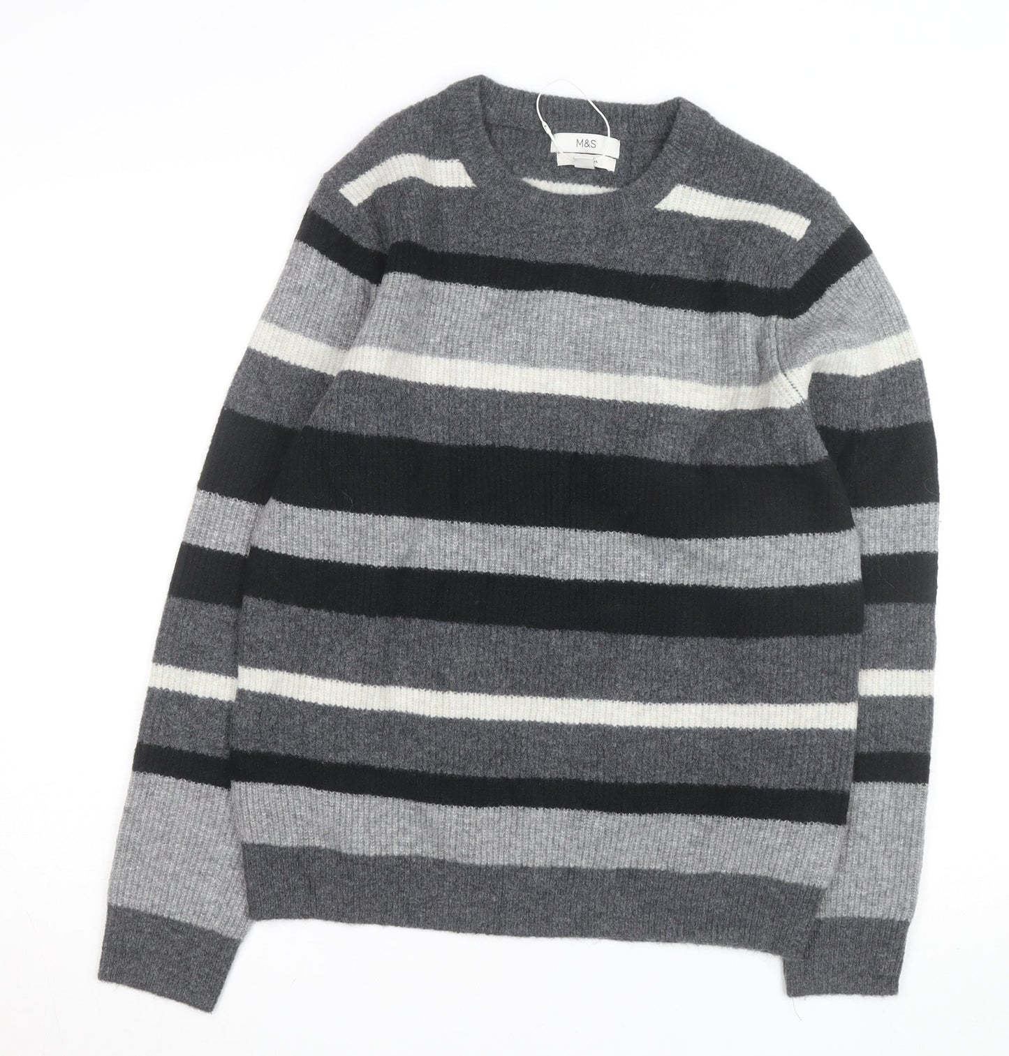 Marks and Spencer Men's Grey Striped Wool Blend Crew Neck Jumper M
