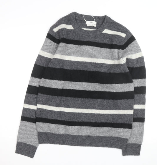 Marks and Spencer Men's Grey Striped Wool Blend Crew Neck Jumper M
