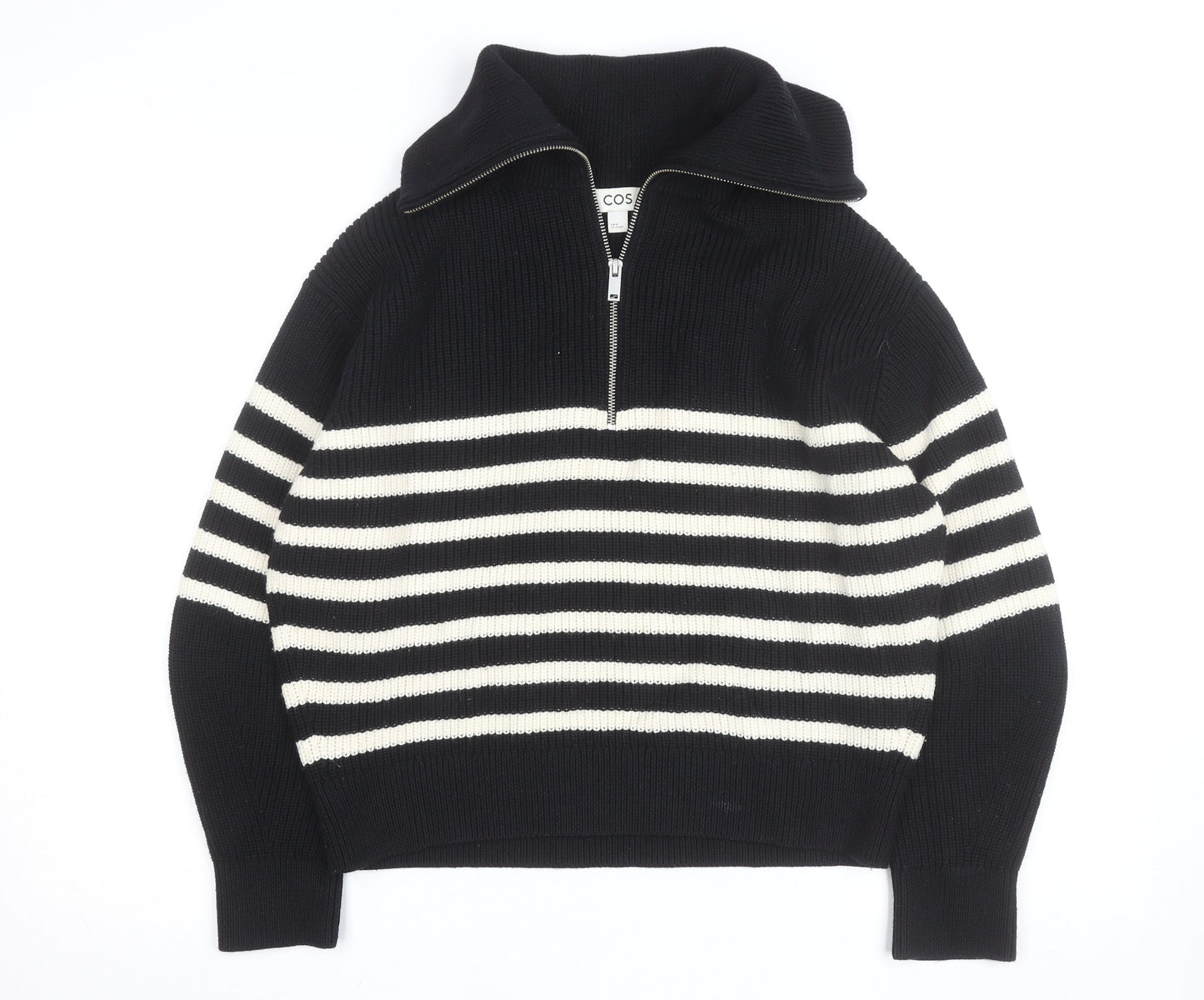 COS Women Black Striped Wool Blend Collared Half Zip Jumper Size 12