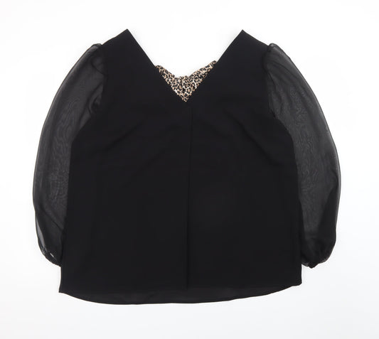 V by Very Women Black Leopard Bow V-Neck Chiffon Long Sleeve Blouse Size 16