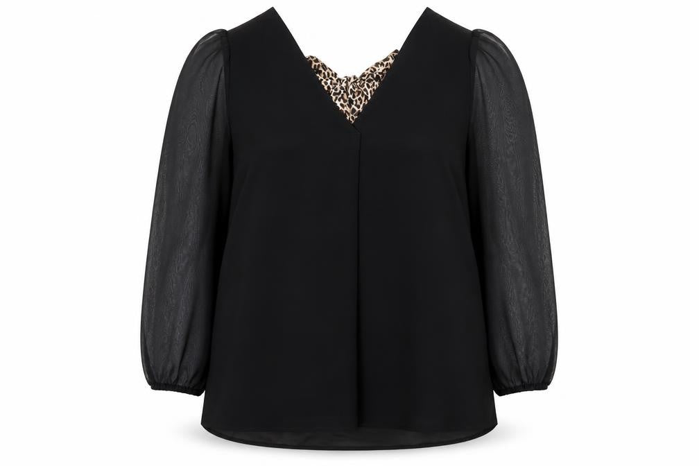 V by Very Women Black Leopard Bow V-Neck Chiffon Long Sleeve Blouse Size 16