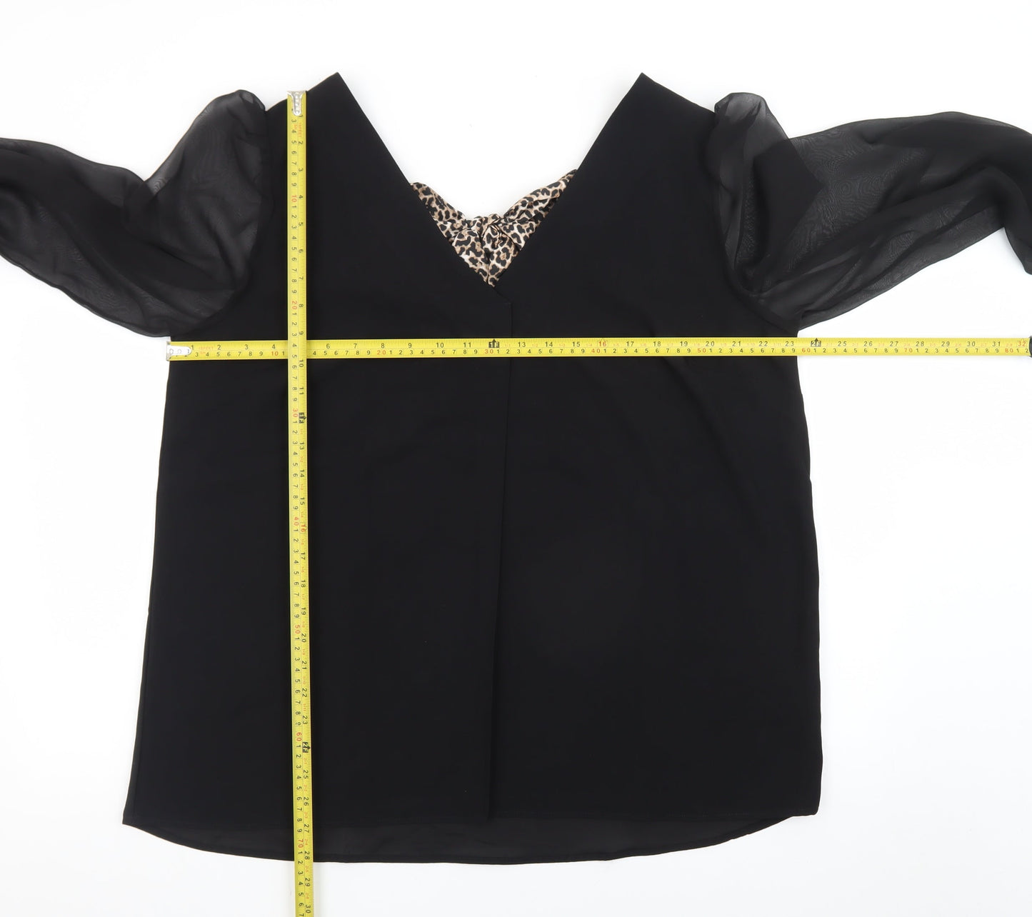 V by Very Women Black Leopard Bow V-Neck Chiffon Long Sleeve Blouse Size 16