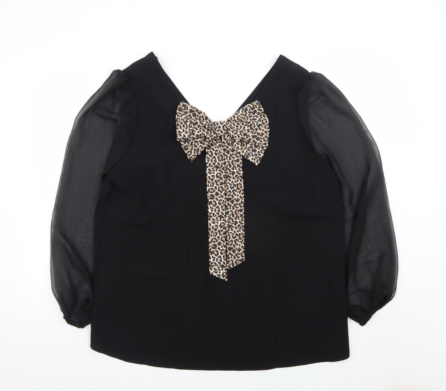 V by Very Women Black Leopard Bow V-Neck Chiffon Long Sleeve Blouse Size 16