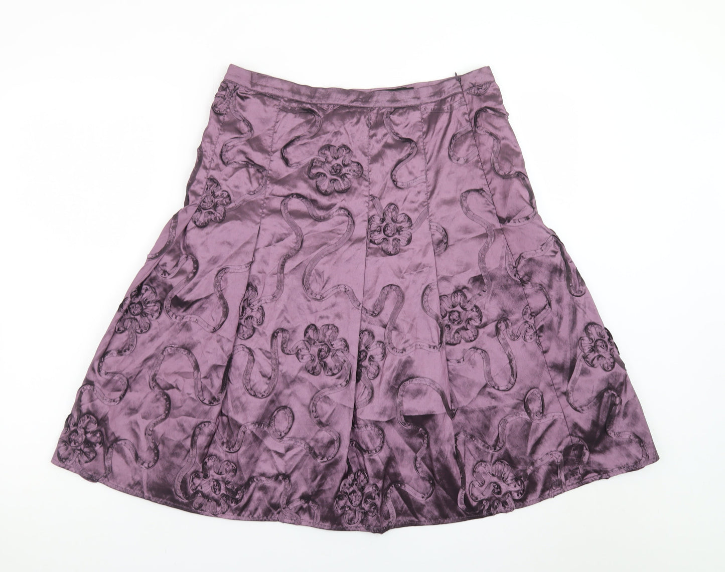 CCDK Women's Purple Satin A-Line Floral Embroidered Skirt Size 10