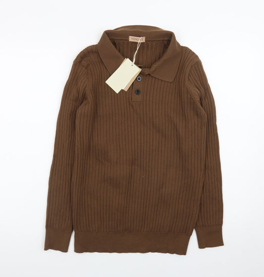 FASHION Men’s Brown Collared Henley Knit Jumper L