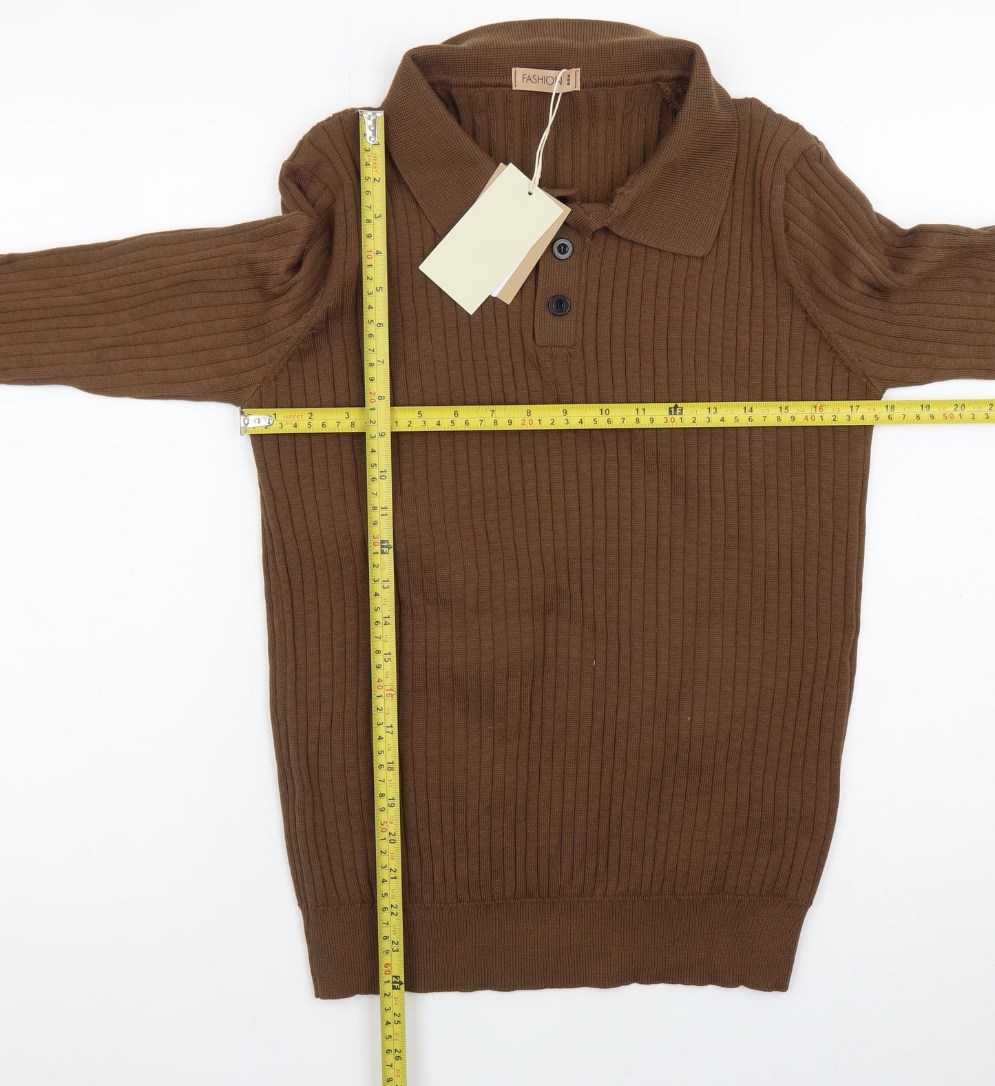 FASHION Men’s Brown Collared Henley Knit Jumper L