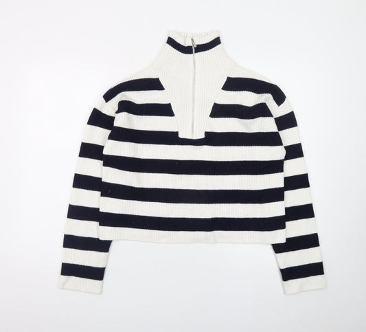 MNG Women's Black & White Striped High Neck Zip Jumper Size L
