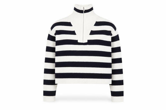 Mango Women's Black & White Striped High Neck Zip Jumper Size L