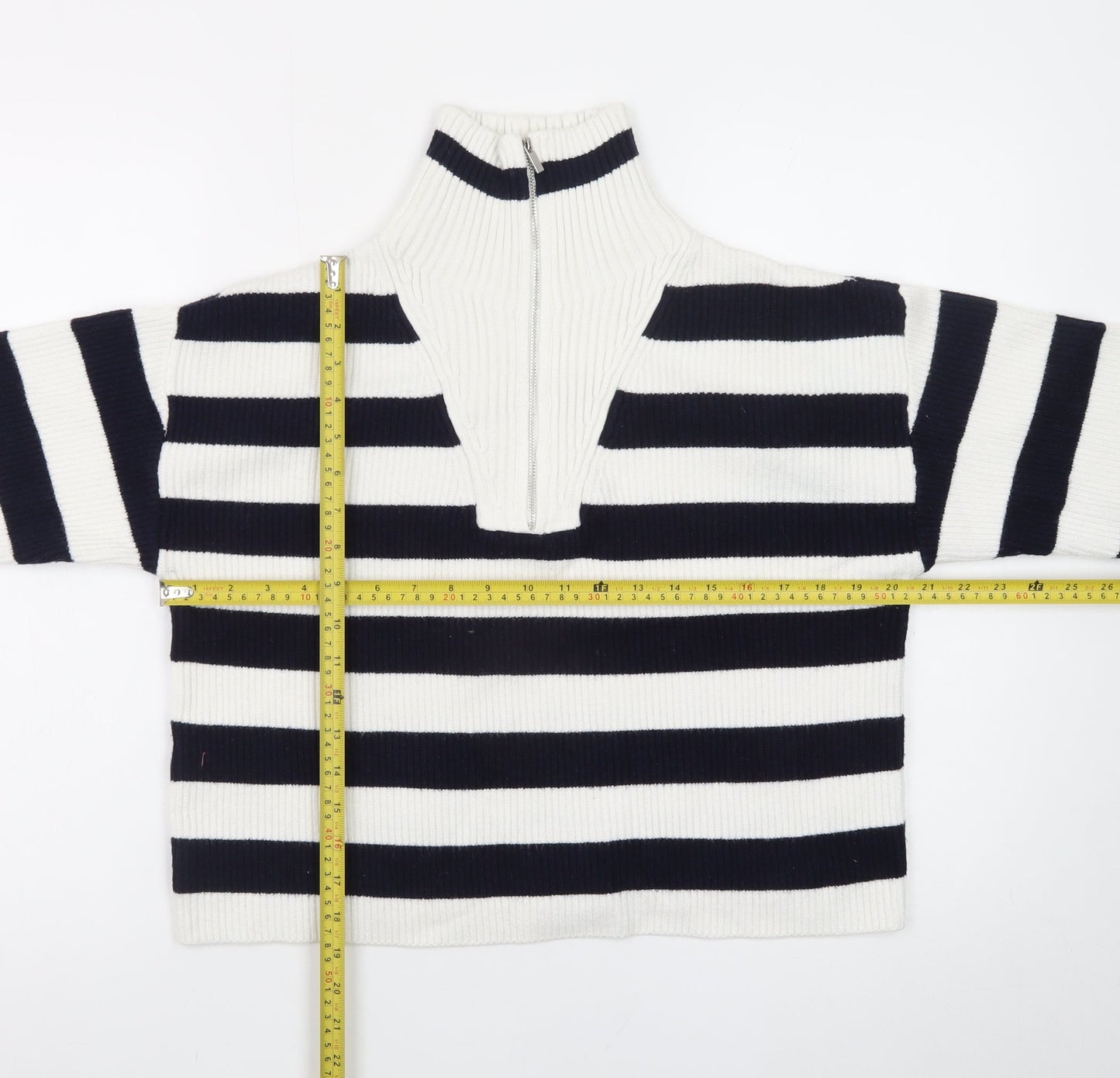 MNG Women's Black & White Striped High Neck Zip Jumper Size L