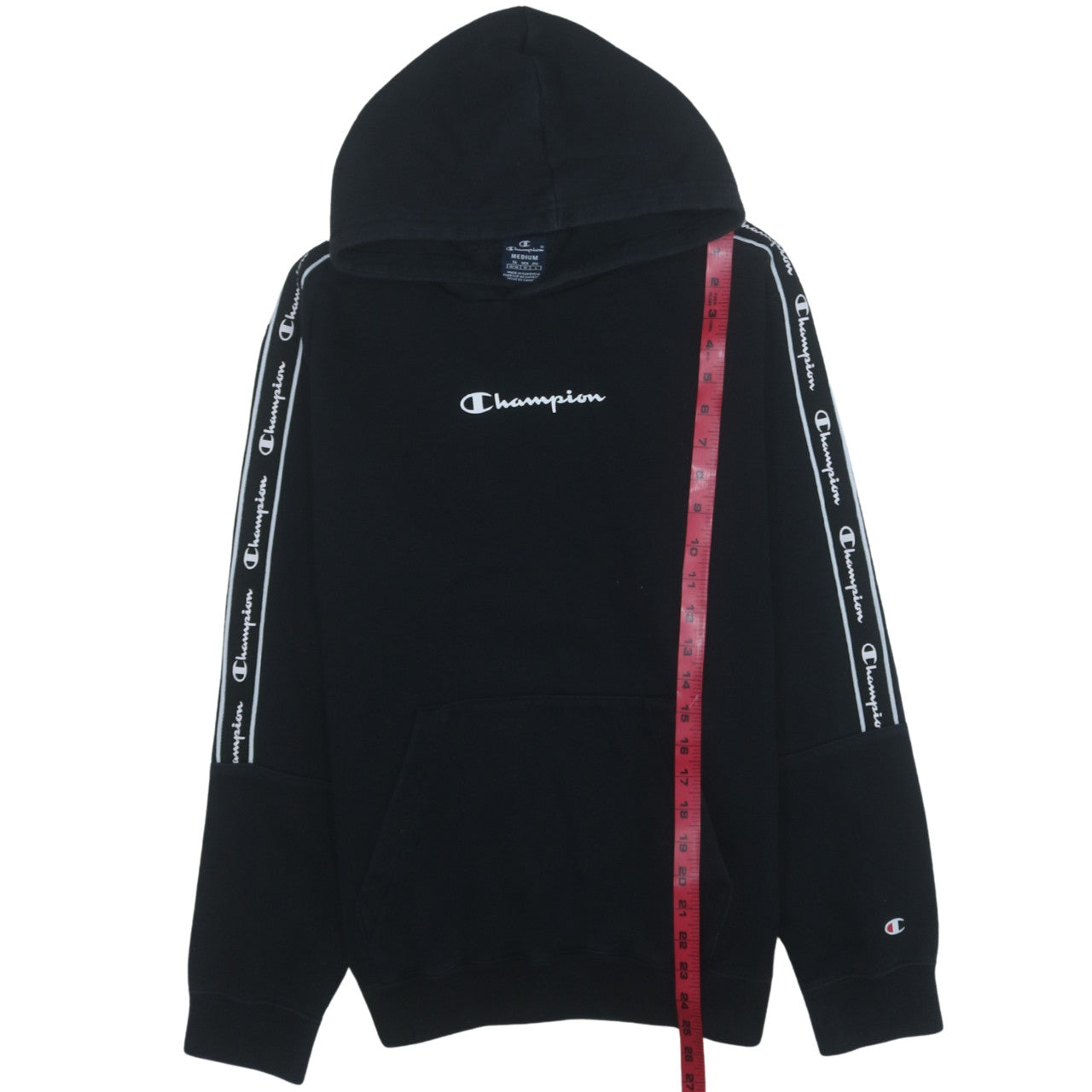 Champion Men's Black Medium Pullover Hoodie Logo Tape Sleeve
