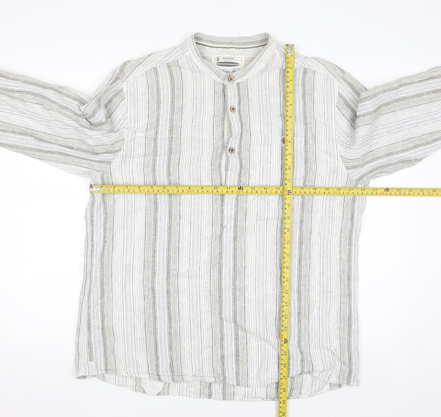 Mantaray Men's Beige Striped Linen Cotton Long Sleeve Casual Shirt L