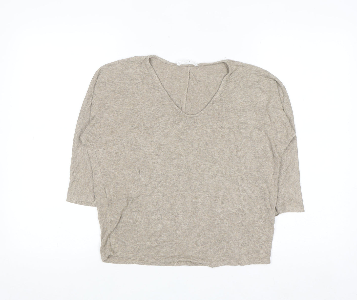MNG Women's Beige V-Neck 3/4 Sleeve Pullover Jumper XS