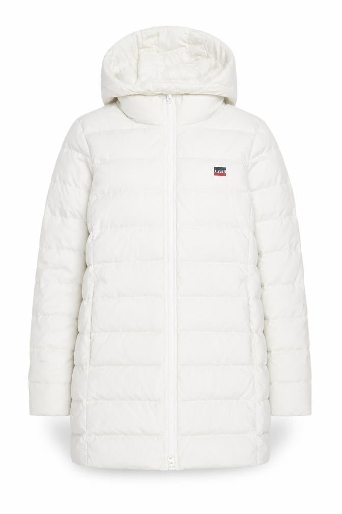 Levi's Women's White Long Puffer Down Coat Size S Hooded Winter Jacket