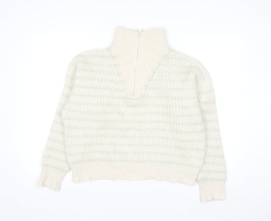 MNG Women's Beige Chunky Knit Wool Blend Half Zip Jumper Size S