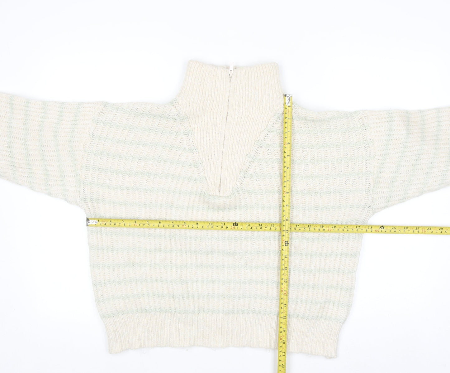 MNG Women's Beige Chunky Knit Wool Blend Half Zip Jumper Size S