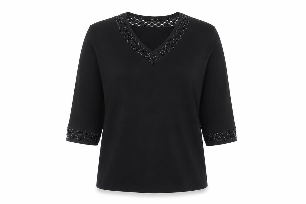 Casamia Women's Black Beaded V-Neck 3/4 Sleeve Pullover Jumper M