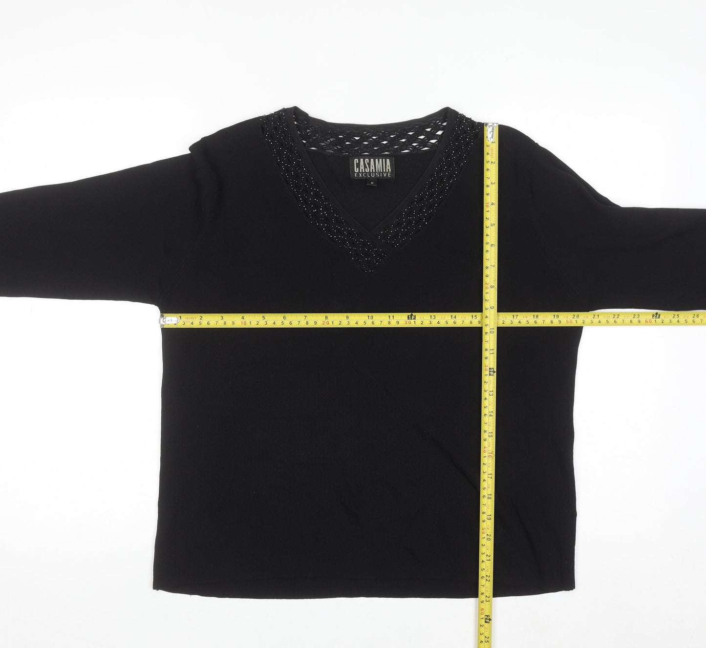 Casamia Exclusive Women's Black Beaded V-Neck 3/4 Sleeve Pullover Jumper M