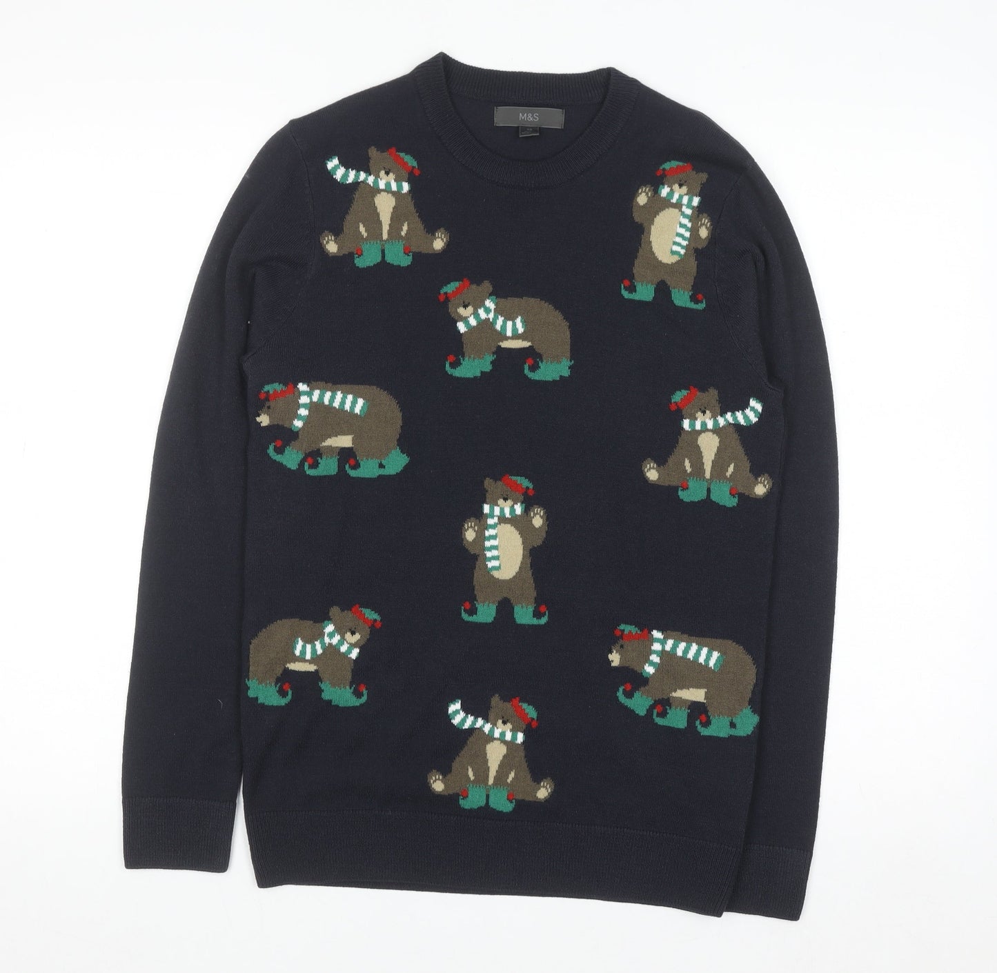 Marks and Spencer Men's Blue XS Christmas Bear Knit Jumper