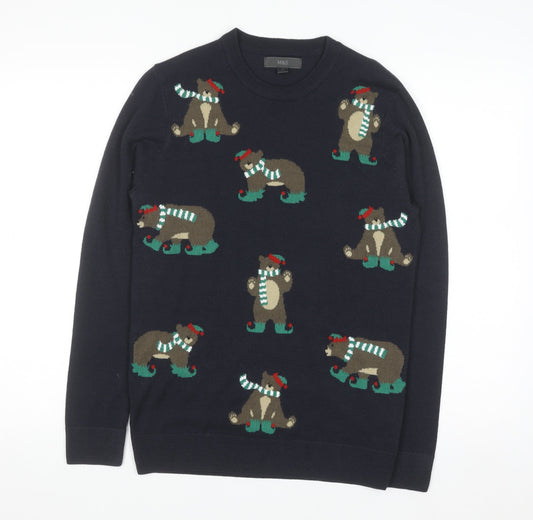 Marks and Spencer Men's Blue XS Christmas Bear Knit Jumper