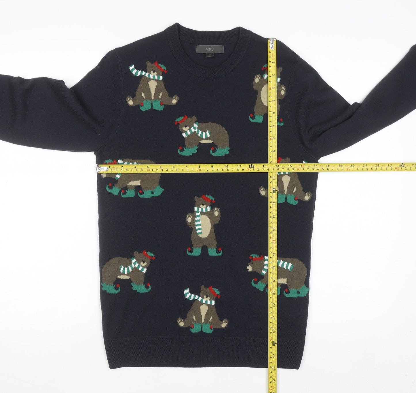 Marks and Spencer Men's Blue XS Christmas Bear Knit Jumper