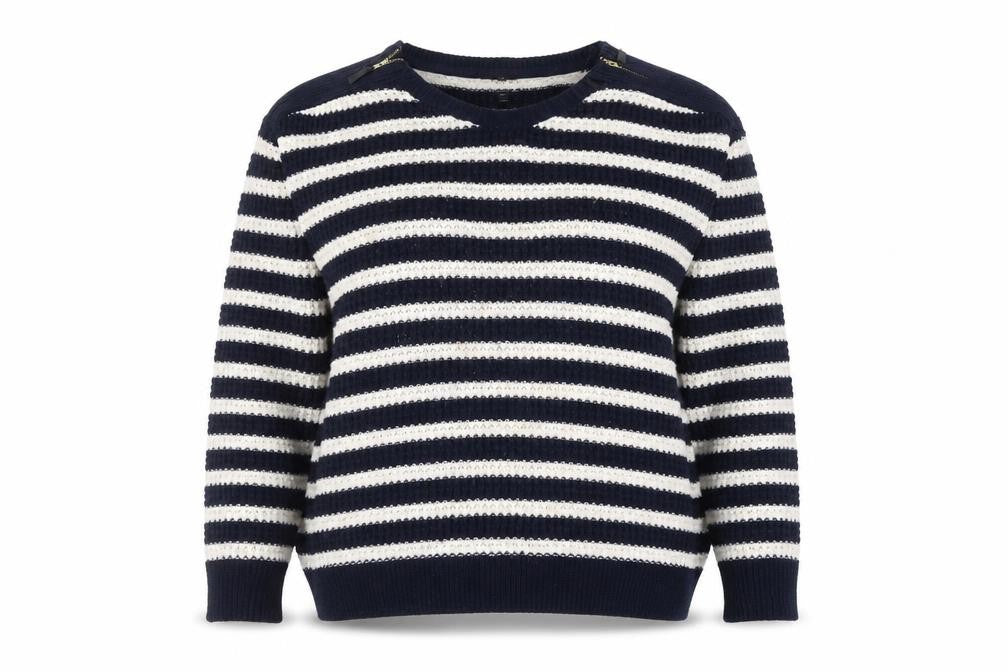 Topshop Women's Blue Striped Open-Knit Boat Neck Jumper Size 12