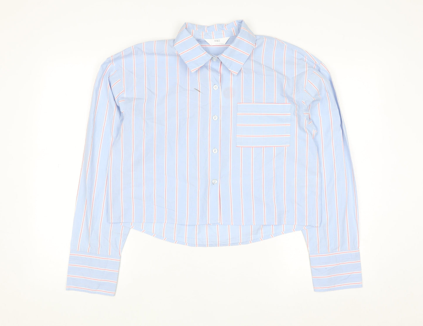 Marks and Spencer Women’s Blue Striped Cropped Cotton Button-Up Shirt Size 6