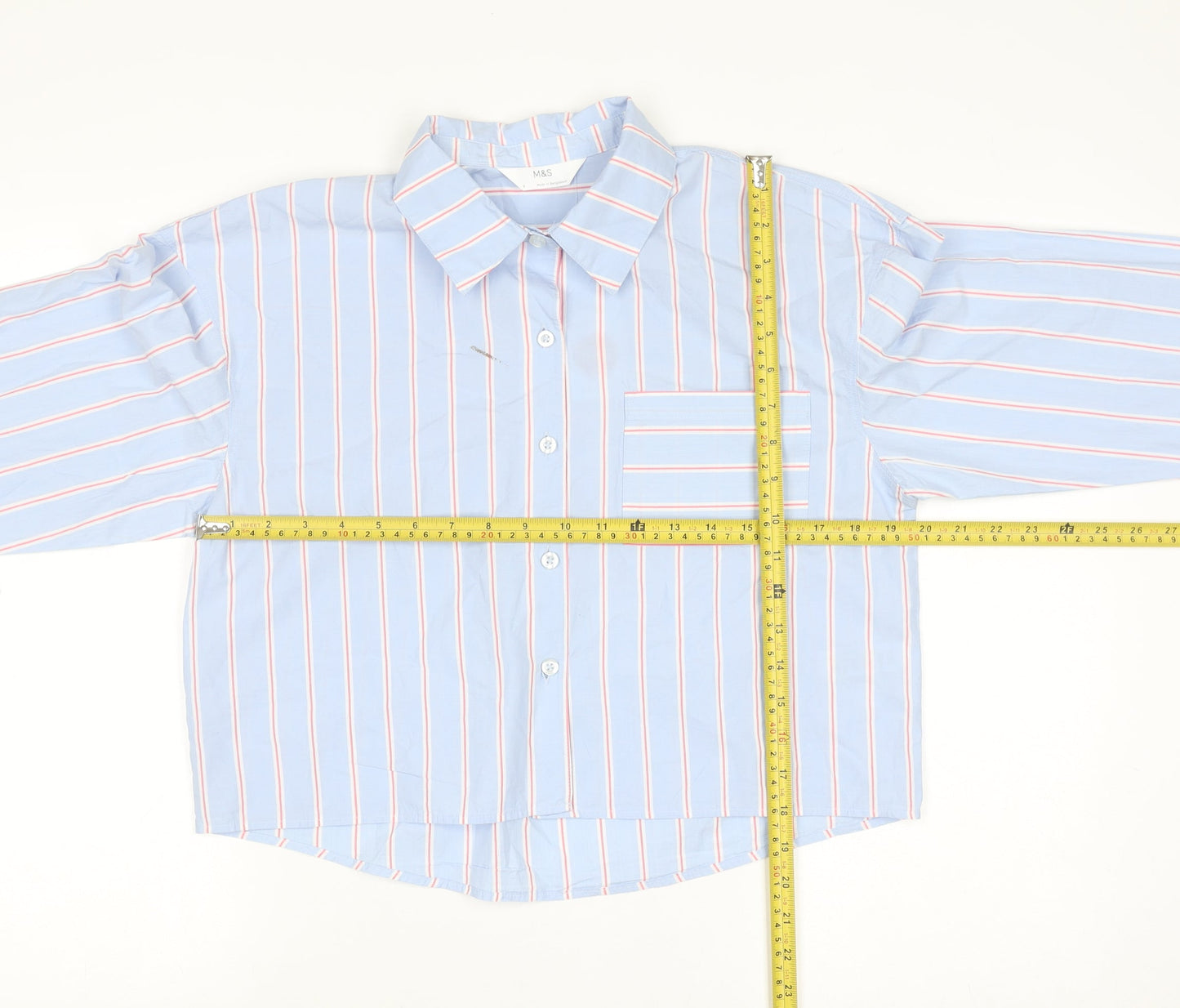 Marks and Spencer Women’s Blue Striped Cropped Cotton Button-Up Shirt Size 6