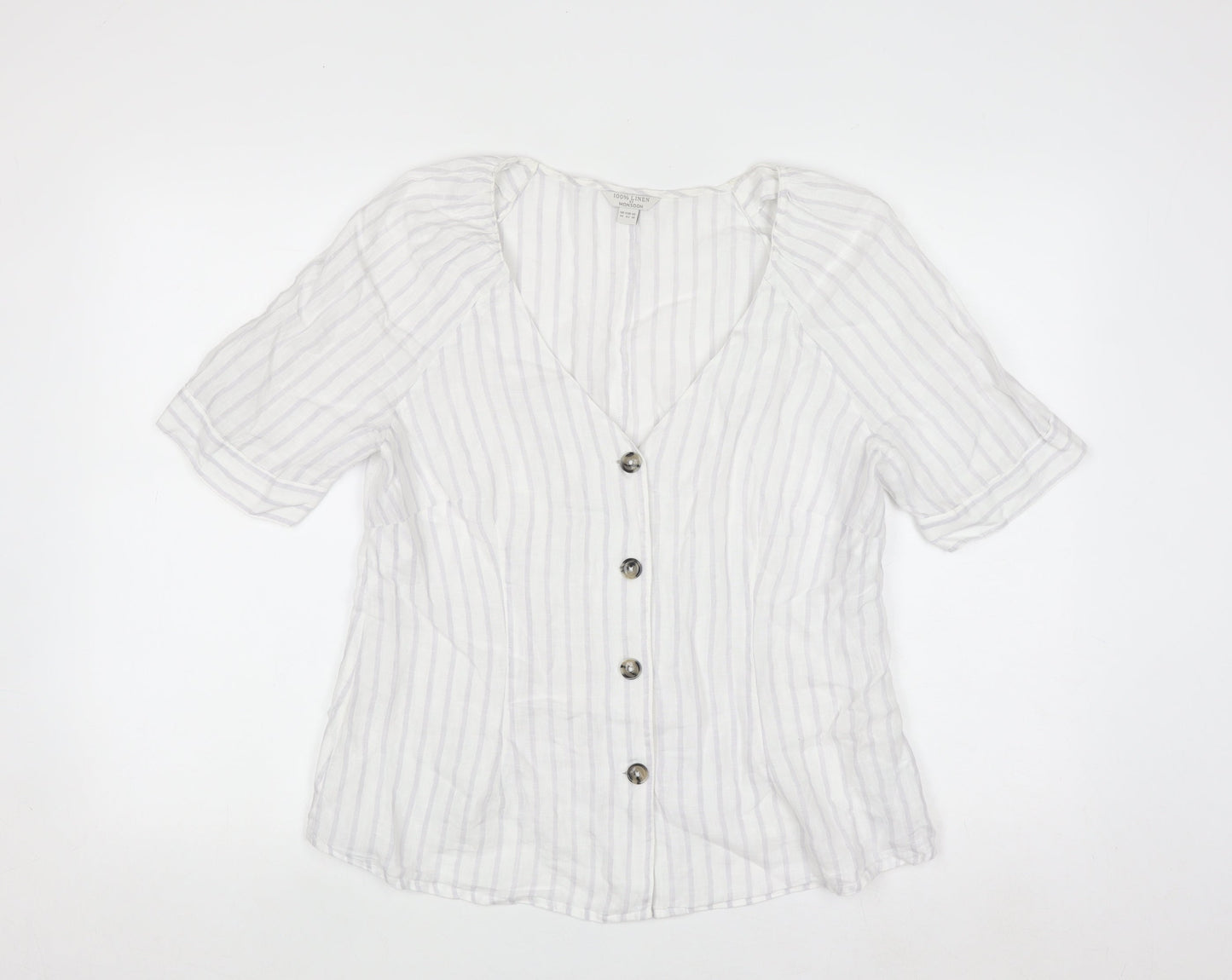 Monsoon Women’s White Linen Striped Button-Up Tunic Blouse Size 14