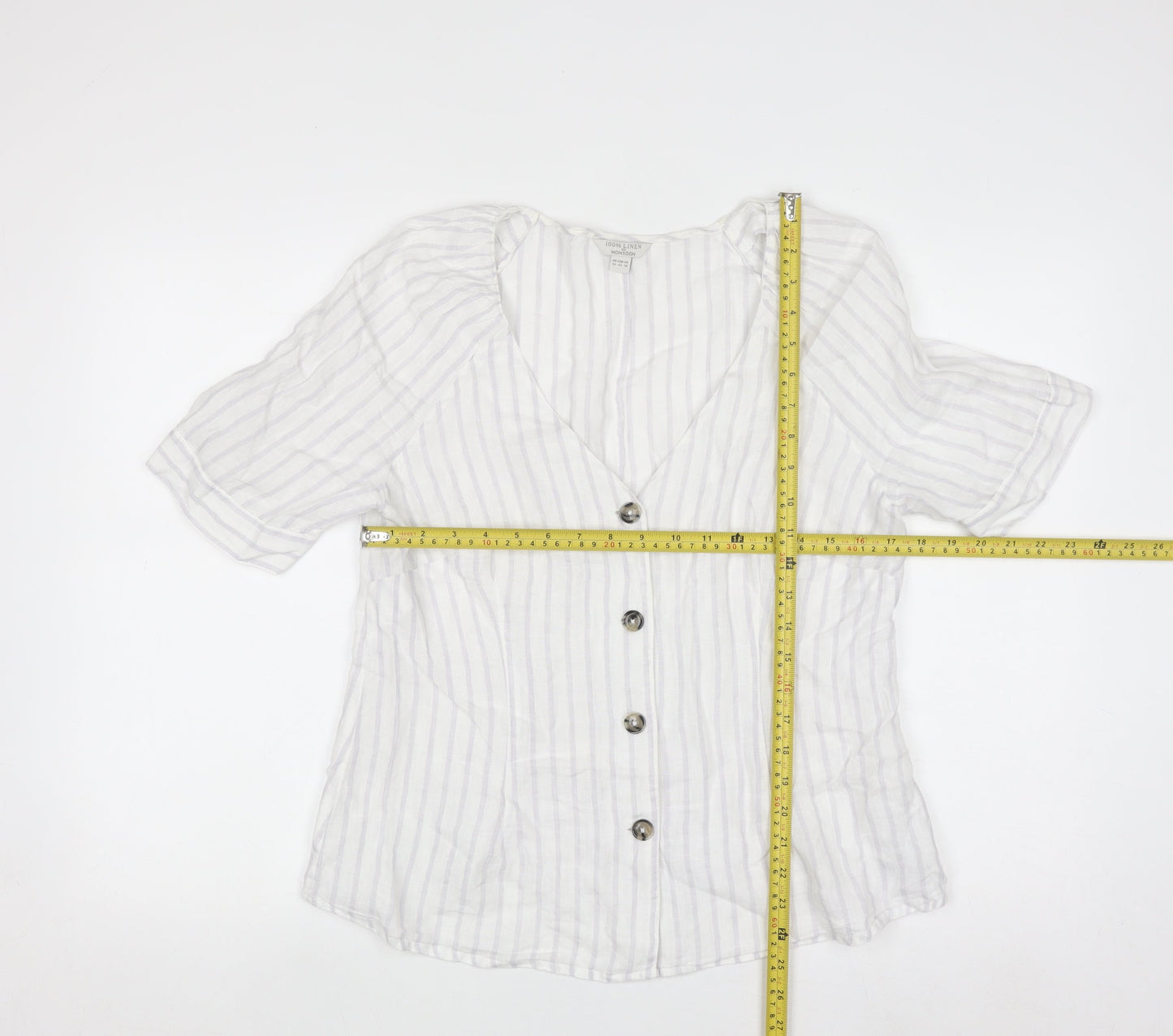 Monsoon Women’s White Linen Striped Button-Up Tunic Blouse Size 14