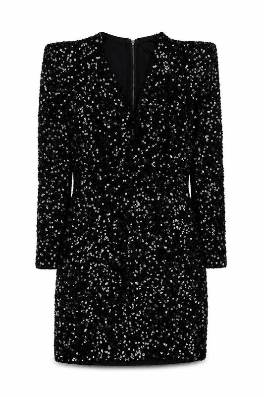 Front view of French Connection Women Black Sequin Bodycon Dress, size 10
